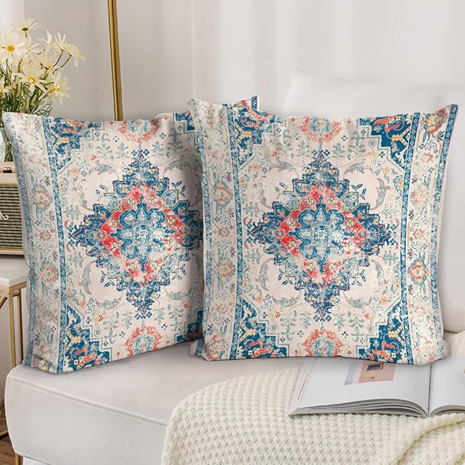 Boho Throw Pillow Covers 18x18 inch Set of 2,Bohemian Vintage Carpet Pattern Antique Ethnic Decor Double Sided Pattern Cushion Cover Soft Pillow Case Living Sofa Room Bed Square Pillow Cover