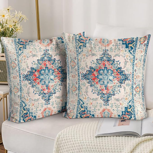 Boho Throw Pillow Covers 18x18 inch Set of 2,Bohemian Vintage Carpet Pattern Antique Ethnic Decor Double Sided Pattern Cushion Cover Soft Pillow Case Living Sofa Room Bed Square Pillow Cover
