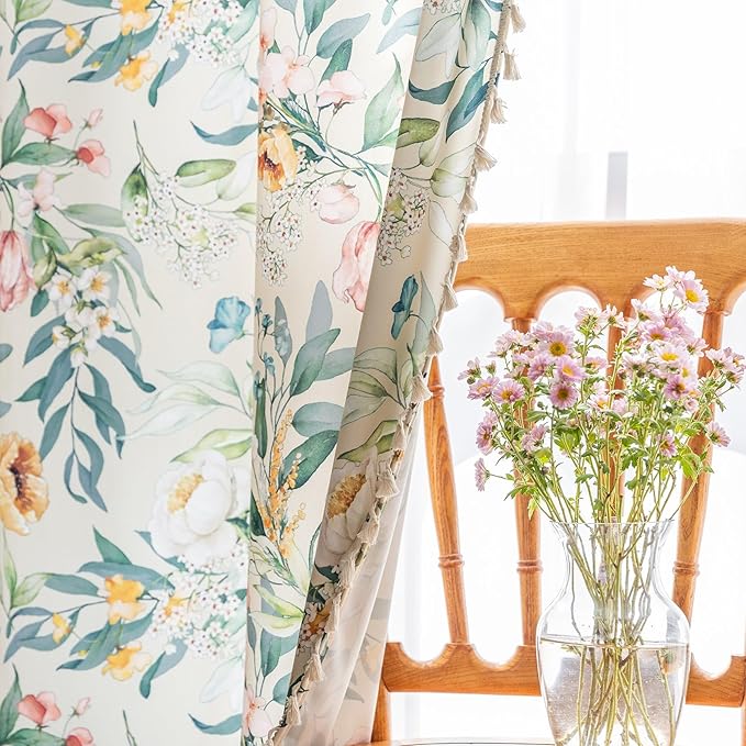 Boho Floral Curtains French Country Farmhouse Curtains 63 Inches Long Light Filtering Window Rod Pocket Drapes for Living Room 2 Panels-Green Floral