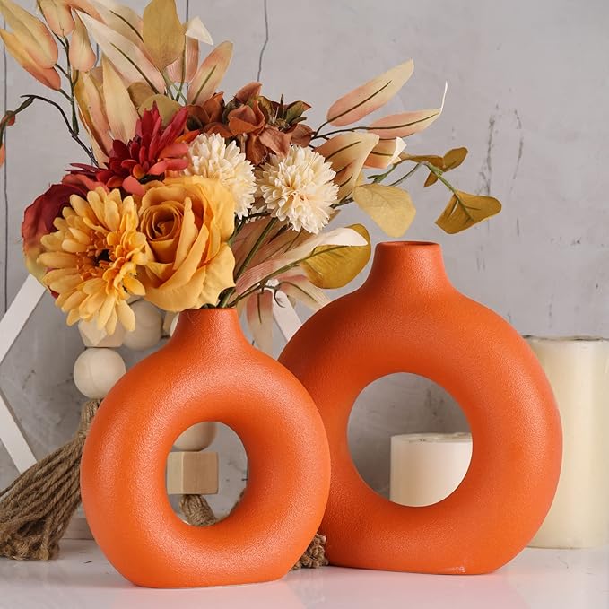 Orange Ceramics Vase for Home Decor,Minimalist Nordic Hollow Donut Vase Set of 2,Modern Boho Decor for Kitchen Table Centerpiece,Living Room,Fire Place,Bookshelf,Office,Entryway,Console