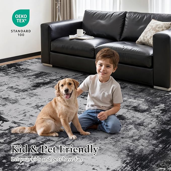Rugflix 8x10 Area Rugs for Living Room, Washable Large Rug Stain-Resistant Low Pile, Modern Dark Carpet for Dining Room Home Office Kid Room Nursery Bedroom, Black Grey