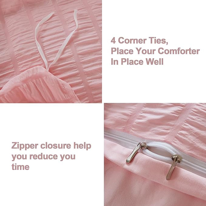 AveLom Blush Pink Seersucker Duvet Cover Set King Size (104 x 90 inches), 3 Pieces (1 Duvet Cover + 2 Pillow Cases), Ultra Soft Washed Microfiber, Textured Duvet Cover with Zipper Closure, Corner Ties