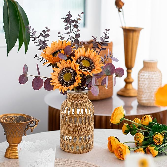 Straw Woven Glass Vase 6.29''x1.77''x3.15''Boho Glass Flower Vase Country Rustic Style Vase Glass Vase for Floral Arrangements Housewarming Party Home Decor (C Style 6.29IN)