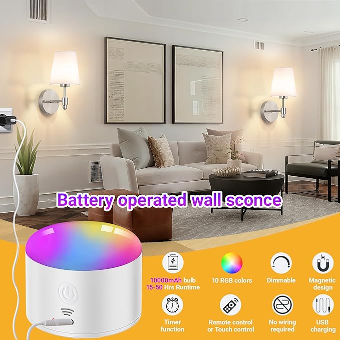 Battery Operated Wall Sconces Set of Two, Rechargeable Wireless Wall Lights with 10000mAh RGB Dimmable Detachable Bulb, Battery Sconces Wall Decor with Remote for Bedroom Living Room Hallway