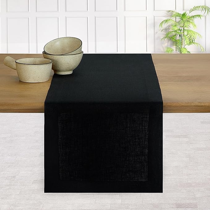 D'Moksha Homes Linen Black Table Runner 90 Inches Long - 100% Pure Linen 14 x 90 Inch Table Runner for Dining, Fall, Thanksgiving, Holiday - Machine Washable