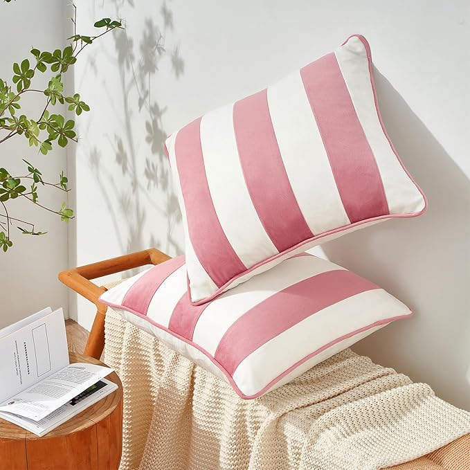MONDAY MOOSE Decorative Throw Pillow Covers Cushion Cases, Set of 2 Soft Velvet Striped Piping Edge Designs, Pillow Inserts Not Included (Light Pink/White, 16x16 inch)
