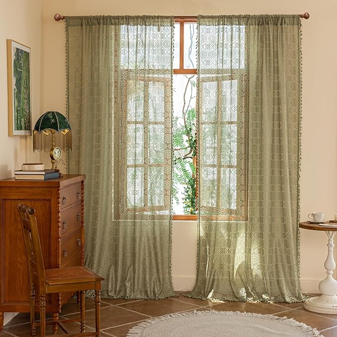 YJ YANJUN Green Sheer Curtains 96 Inches Long, 2 Panels, Vintage Crochet Doily Pattern, Aesthetic Boho Cottagecore Style, Sage Lace Curtains for Bedroom Living Room, 8ft Spring Drapes W59 x L96