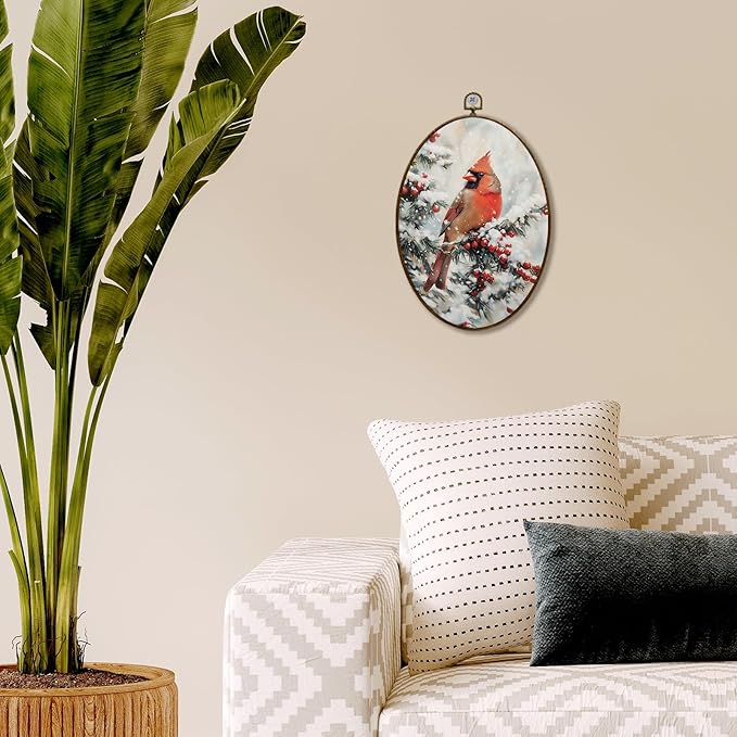 JQF Christmas Cardinal Oval Wall Decor, Rustic Winter Xmas Oval Canvas Wall Art, Christmas Cardinal Holiday Framed Prints Hanging Decor for Farmhouse Home Living Room Bedroom, 8.5x11.5 Inch