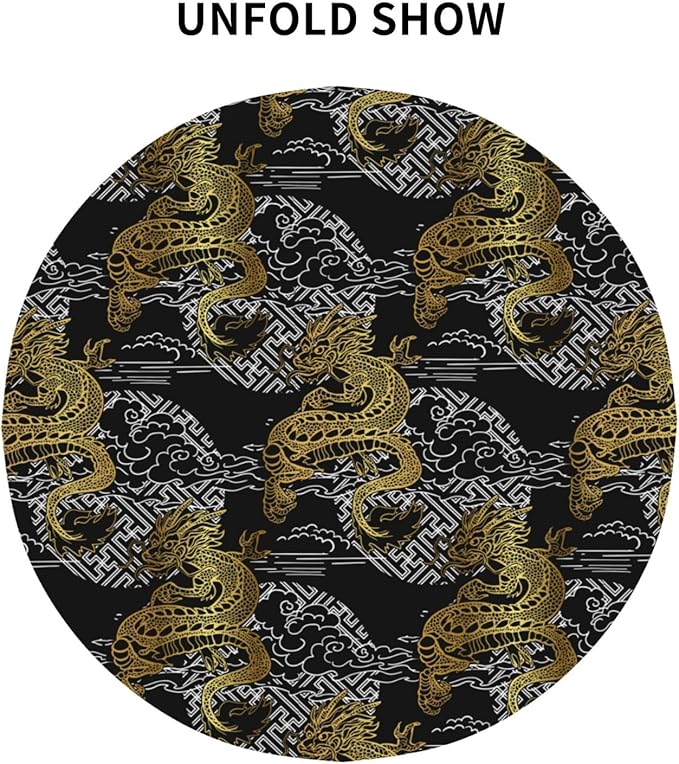Japanese Tablecloth Round, Black Traditional Zodiac Dragon Vintage Asian Style Oriental Water Resisitant Table Cover for Dining Kitchen Living Room Home Party Holiday Decor 60 inch Round