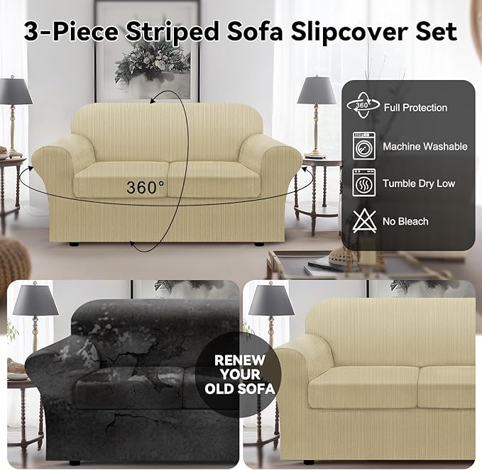 100% WaterproofLoveseat Cover 3-Piece Set Striped Loveseat Slipcovers for 2 Cushion Couch Sofa Covers with TPU Leakproof Bottom Stretch Couch Protector Pet Proof - Loveseat, Camel