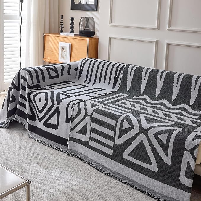 DREAMINGO Boho Couch Cover Washable Chenille Sofa Cover Blanket Light Grey Black Furniture Protector for Sectional 3 Cushion Couch Reversible Geometric Sofa Slipcover, X-Large 71"x134"