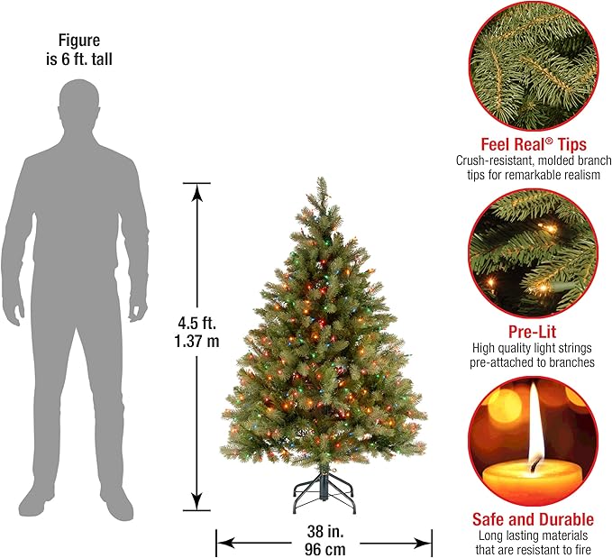 National Tree Company 4.5 ft Pre-Lit Downswept Douglas Fir Artificial Christmas Tree, 450 Multicolor Lights, 525 Feel Real Tips, Includes Stand, Green