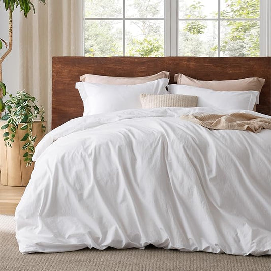 Bedsure 100% Washed Cotton Duvet Cover Full - Bright White Minimalist Cotton Duvet Cover Linen Like for All Seasons - GentleSoft™ Plain Simple Bedding (Bright White, Full, 80"x90")