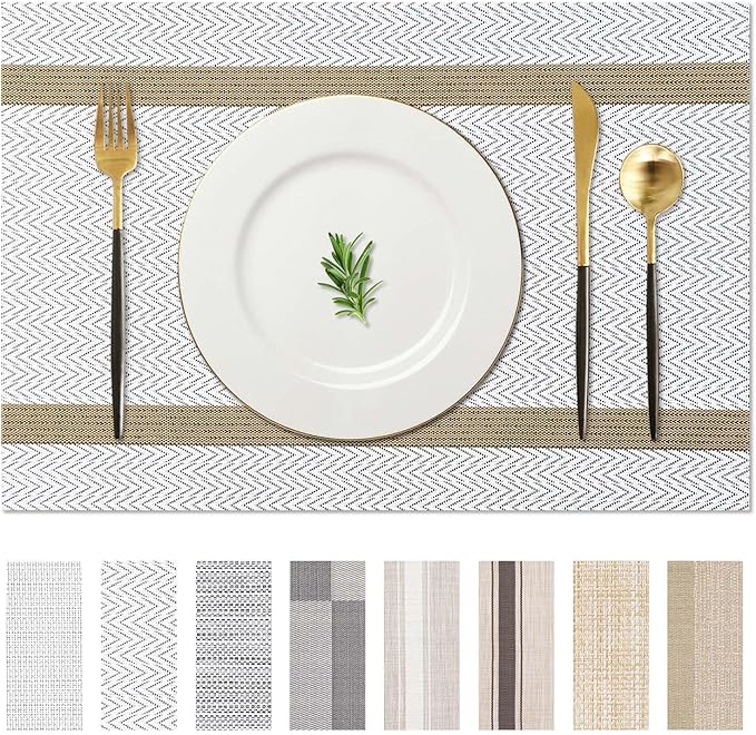 AHHFSMEI Placemats for Dining Table Set of 6 Woven Vinyl Plastic Place Mats Non-Slip Heat Insulation Stain Resistant Table Mats Washable Easy Clean Placemats (White Wave Stripe)