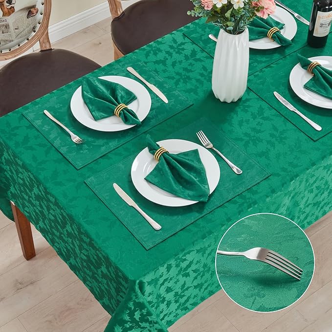 Rectangle Christmas Jacquard Table Cloth Waterproof Elegant Damask Floral Pattern Heavy Weight Wipeable Wrinkle Free Fabric Table Covers for Dinner or Daily Uses(Dark Green/60x120Inch)