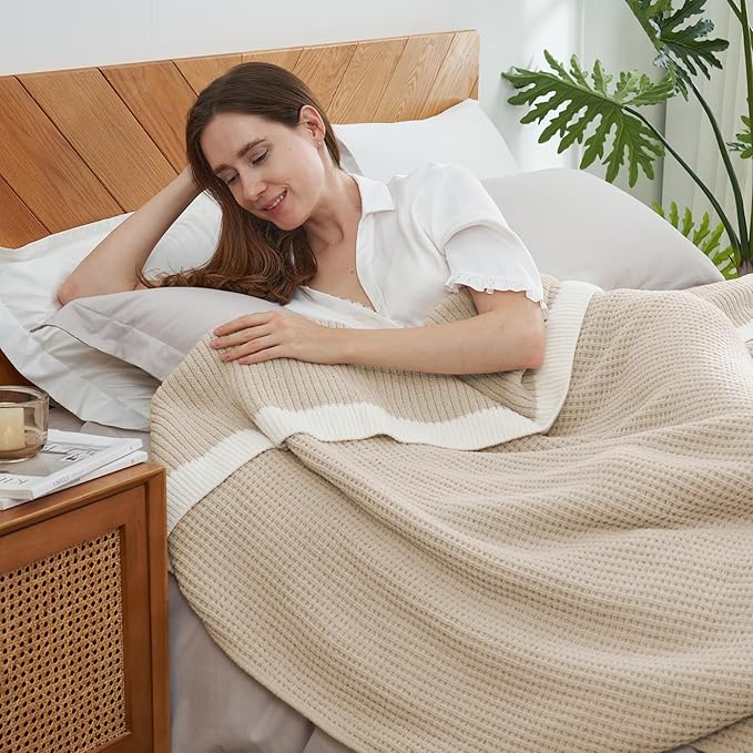 Amélie Home Waffle Blanket Queen Size for Bed, Soft Cozy Chenille Knit Blanket Warm Decorative for Bedroom, 90"x90", Beige
