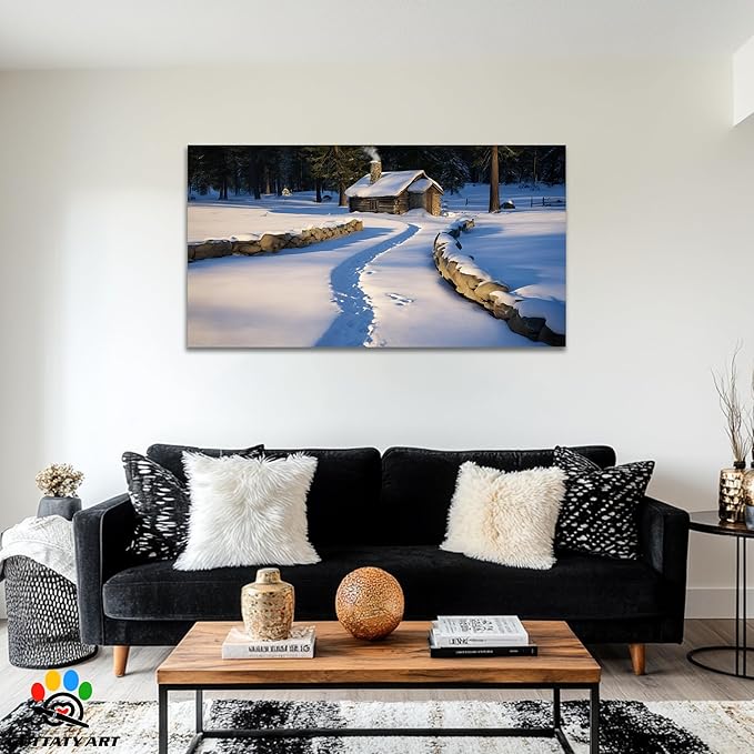 GUTTATY Christmas Winter Scene Canvas Wall Art, Snowy Cabin Pictures, Peaceful Winter Landscape Canvas Painting, Cozy Nature Wall Decor for Living Room, Bedroom, Offices, 60x30 Inch