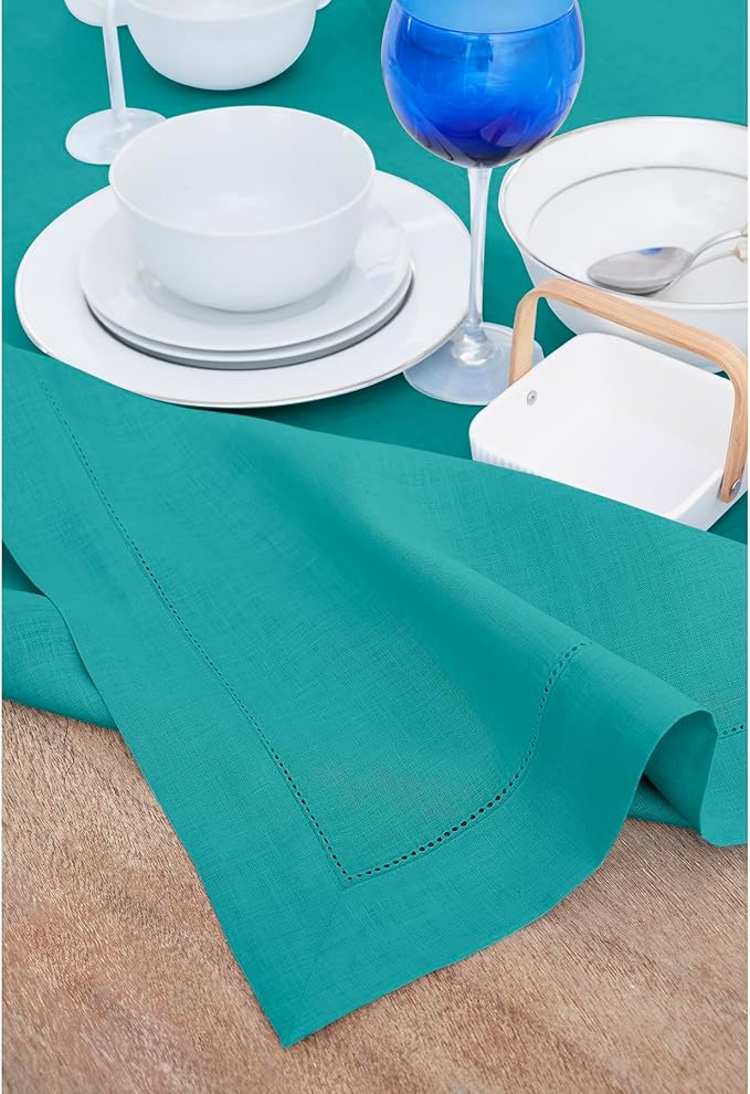 Solino Home Linen Tablecloth 54 x 72 Inch - Classic Hemstitch 100% Pure Linen Teal Table Cloth for Rectangle Tables - Machine Washable Tablecloth for Fall, Autumn