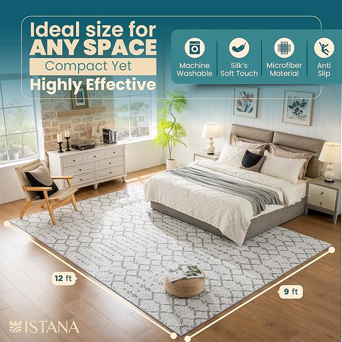 Istana 9x12 Area Rug - Grey 9 x 12 Area Rugs for Living Room - Foldable 9x12 Rugs for Bedroom/Living Room Rug - Stain Resistant Washable Rugs - Eco-Friendly Area Rugs