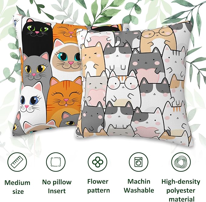 Kawaii Cute Cats Throw Pillow Cover Case Cartoon Cats Throw Pillows Set of 2 Super Soft Pillow Covers 18x18 Inches Farmhouse Home Decor for Living Room Bedroom Sofa Couch Cushion Cover