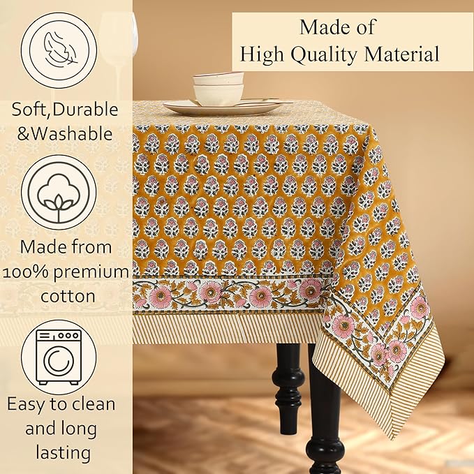 CPC Tablecloth 100% Cotton 70x118 Inch Indian Block Print Rectangle Table Cover, Table Cloth for Weddings, Spring/Summer, Barbeque - Yellow Citrine