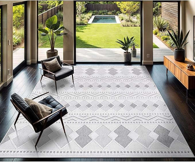CAMILSON Micro Loop Rug 8x10 Modern Luxury Geometric Boho Diamond Area Rugs Soft High and Low Pile Stain Resistant Easy-Cleaning Non-Shedding for Living Room Office Indoor Carpet (8 x 10 / White-Gray)