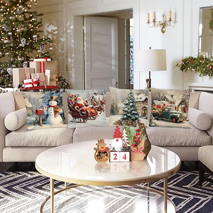 Neatee Living Christmas Pillow Covers 14x14 Set of 4 Farmhouse Vintage Xmas Throw Pillows Christmas Tree Elk Snowman Pillow CasesSofa Couch Outdoor Cushion Covers for Home Decorations (14 by 14)