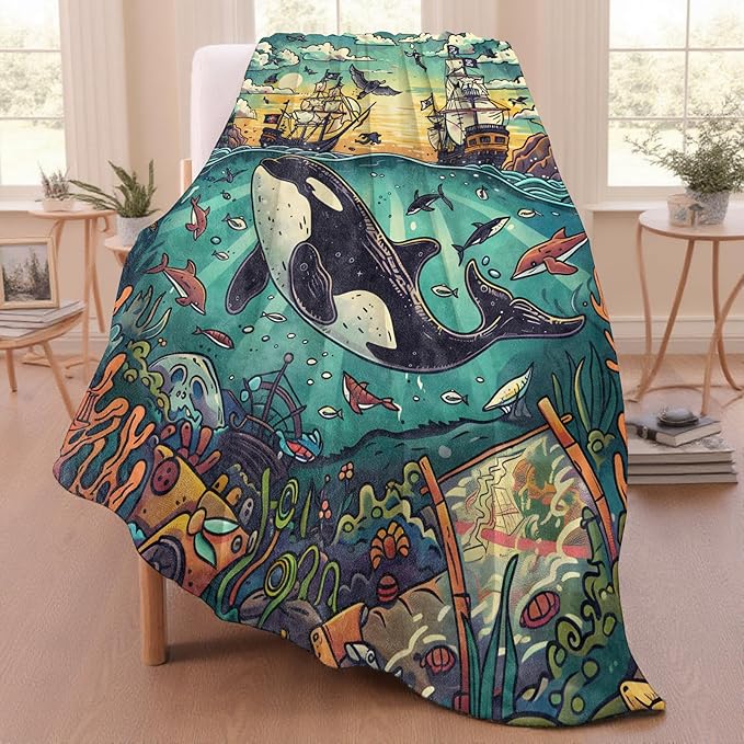Pirate Whale Ocean Adventure Throw Blanket for Adutls Kids, 60x80 in, Cozy Soft Warm Fleece Blankets Gifts for Couch, Camping, Hiking Decor