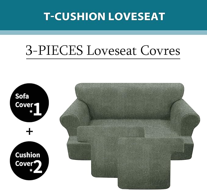T Cushion Loveseat Slipcover 3 Pieces Sofa Covers for T Cushion Sofa Stretch Slip Covers for 2 Cushion Couch with 2 Individual T Shape Seat Covers (Green, 2 Cushion)