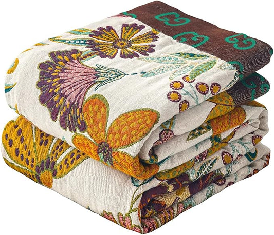 Boho Throw Blanket for Bed, 100% Cotton Muslin Soft Twin Throw-Floral Farmhouse Rustic Decor Blanket for Couch Sofa Quilt and Gift, 60" x 80"-BeigeWhite