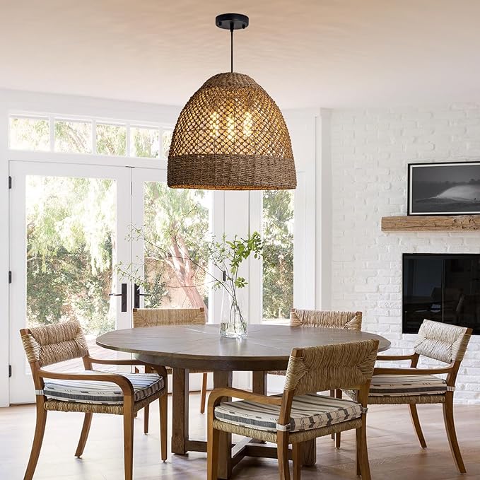 18.9" Rustic Woven Pendant Light Fixture 3-Lights Bohemian Handmade Basket Hanging Light Rattan Wicker Farmhouse Chandelier for Kitchen Island Bedroom Living Room, Kitchen Island, Foyer Hallway