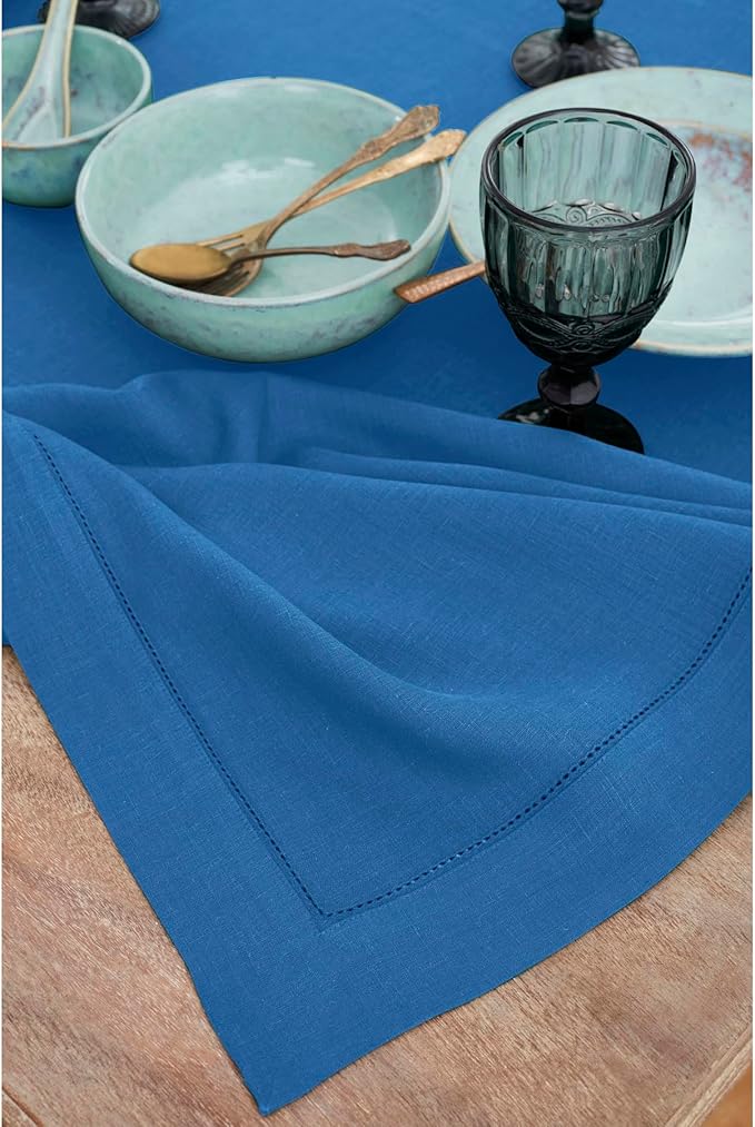 Solino Home Linen Tablecloth 60 x 108 Inch - Classic Hemstitch 100% Pure Linen Indigo Blue Table Cloth for Rectangle Tables - Machine Washable Tablecloth for Fall, Autumn