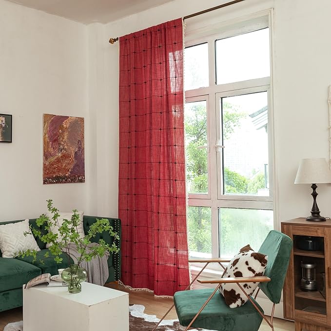 Sutuo Home Boho Curtain for Bedroom 84 Inch Length, Linen Light Filtering Country Farmhouse Vintage Chic Tassels Window Treatment Bohemian Drape for Xmas Decor 1 Panel 52" W x 84" L, Red Plaids