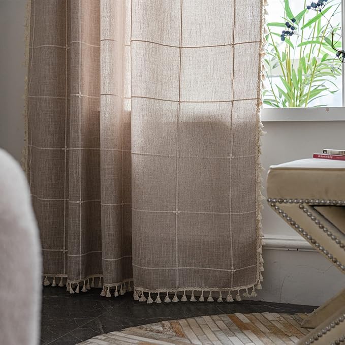 Sutuo Home Boho Curtain for Bedroom 84 Inch Length, Light Filtering Country Farmhouse Vintage Shabby Chic Tassels Window Treatment Bohemian Grid Drape for Decor 1 Panel 52" W x 84" L, Natural Plaids
