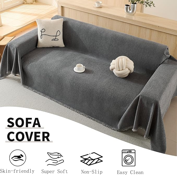 100% Waterproof Couch Cover Sofa Covers for 3-4 Cushion Couch Sectional Couch Washable Sofa SlipCover for Dog Pet-Friendly Furniture Protector for Living Room with Tassel(91" x 150", Gray)
