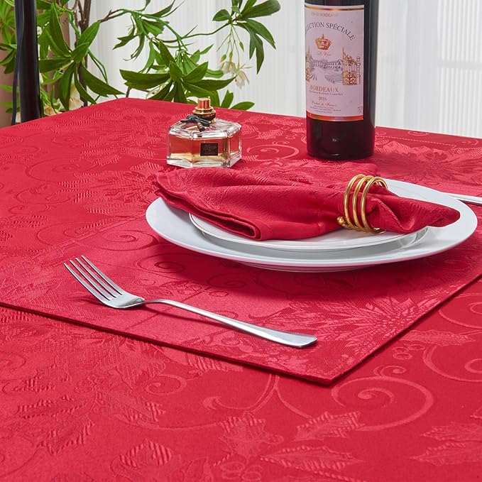 Rectangle Christmas Jacquard Table Cloth Waterproof Elegant Damask Floral Pattern Heavy Weight Wipeable Wrinkle Free Fabric Table Covers for Dinner or Daily Uses(Dark Red/60x120 Inch)