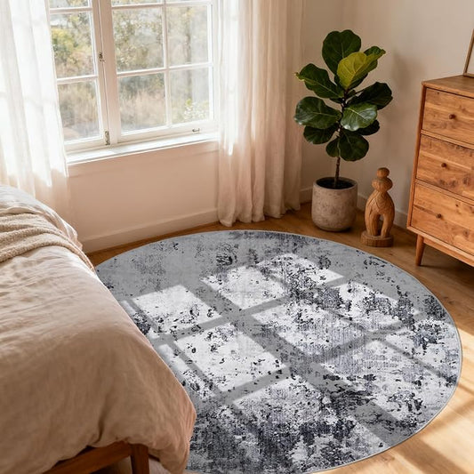 Modern Abstract 6x6 Round Area Rug Non Slip Non Shedding Rug Low Pile Stain Resistant for Bedroom Living Room Office Dining Room,Grey