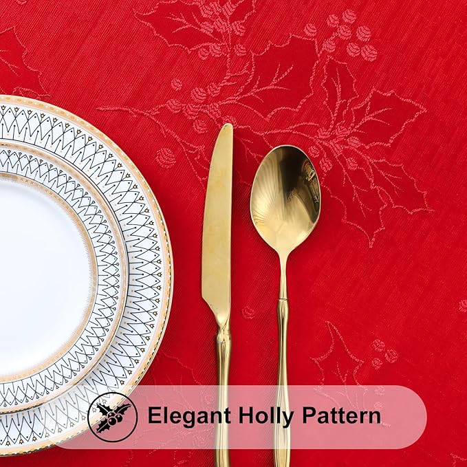 Smiry Rectangle Christmas Red Tablecloth, 60x84 Inch Waterproof Damask Table Cloth, Holly Patterns Fabric Table Covers for Christmas Dinner, and New Year Celebration, Burgundy
