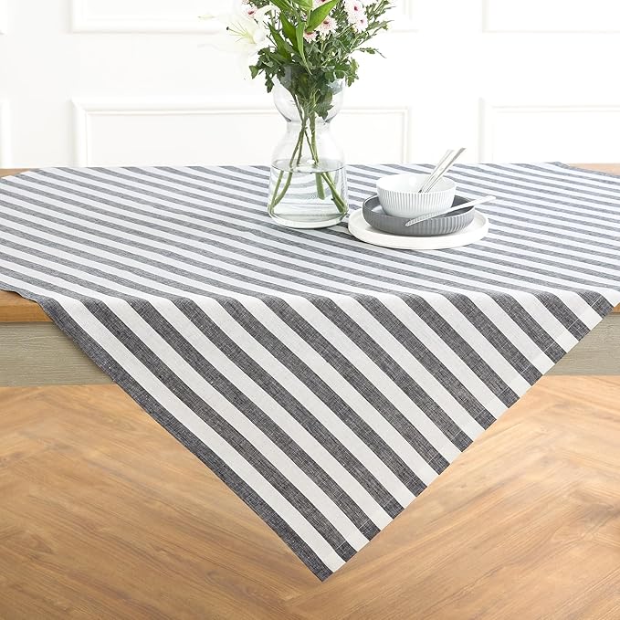 Solino Home Linen Square Tablecloth 52 x 52 Inch - Sorrento Stripe, 100% Pure Linen Black and White Table Throw - Machine Washable Tablecloth for Fall, Autumn