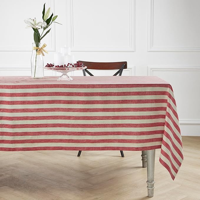 Solino Home Linen Striped Tablecloth 60 x 144 Inch - 100% Pure Linen Red and Natural Table Cloth for Rectangle Tables - Sorrento Stripe, Machine Washable Tablecloth for Fall, Thanksgiving, Christmas