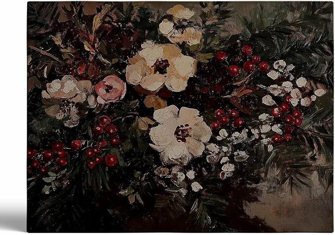 Moody Christmas Floral Academia Art Prints,Christmas Cottagecore Fireplace Decor,Vintage Winter Flower Print,Dark Moody Winter Floral Bouquet Painting