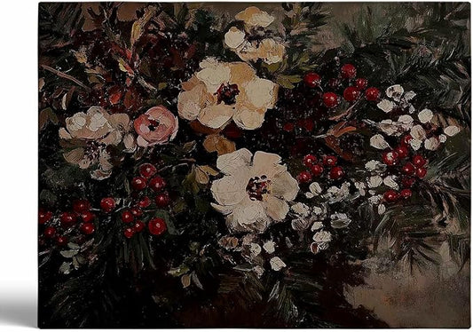 Moody Christmas Floral Academia Art Prints,Christmas Cottagecore Fireplace Decor,Vintage Winter Flower Print,Dark Moody Winter Floral Bouquet Painting