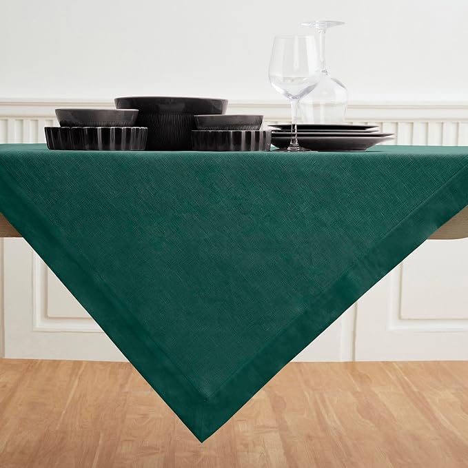 Solino Home Linen Tablecloth 52 x 52 Inch - 100% Pure Linen Rainforest Green Square Tablecloth - Fete, Machine Washable Table Throw for Fall, Autumn, Thanksgiving, Winter