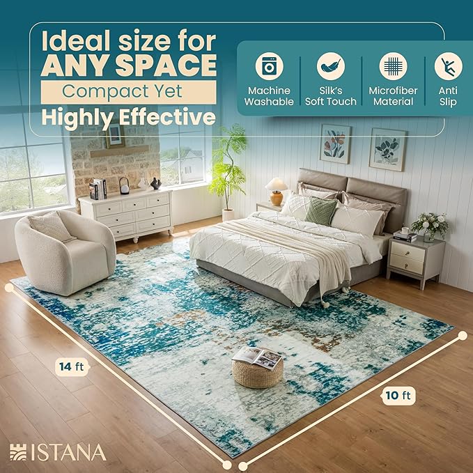 Istana Living Room Rug 10x14 - Green 10 x 14 Area Rug - Foldable Machine Washable Area Rugs 10x14 - Stylish 10x14 Area Rugs Boho - Stain Resistant Washable Rug 10x14