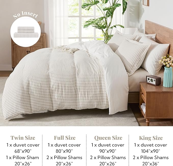 MILDLY Jacquard Stripe Duvet Cover - 100% Washed Cotton Light Khaki Boho Textured Comforter Cover 3pcs with Zipper Closure 104"x90"