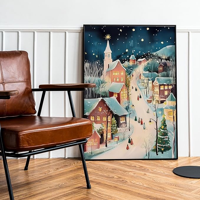 OZCONO Christmas Evening Village Wall Art for Winter Holiday Home Decor, Xmas Print, Cozy Snowy Town Scene Artwork for Seasonal, Warm Lights Winter Street Decoration (Unframed) (16x24)