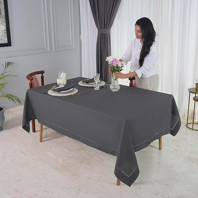 D'Moksha Homes Charcoal Grey Linen Tablecloth 60 x 108 Inch - 100% Pure Linen Grey Table Cloth for Rectangle Tables - Classic Hemstitch, Machine Washable Tablecloth for Thanksgiving