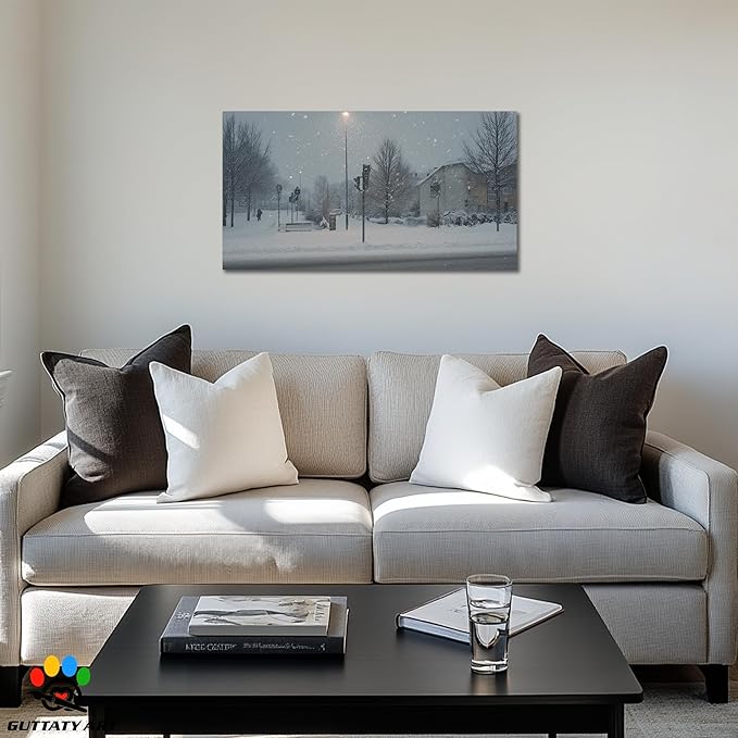 GUTTATY Christmas Winter Scene Canvas Wall Art, Snowy Street Canvas Prints, Tranquil Outdoor Winter Pictures Wall Decor, Seasonal Hanging Artwork for Living Room, Bedroom, Office, 16x8 Inch