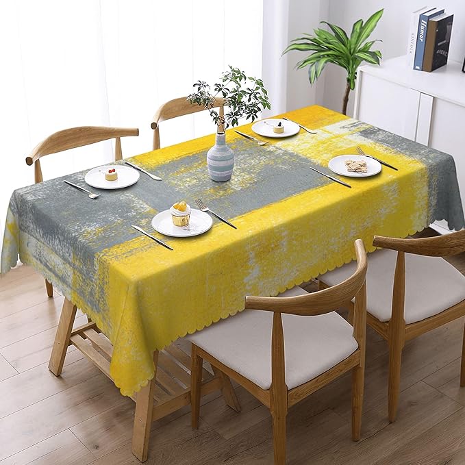 Yellow Grey Tablecloth Abstract Oil Painting Rectangle Tablecloth Modern Grey White and Yellow Art Painting Doodles Table Cover 54×72 Inch Washable Table Cloth for Kitchen Dining Room Party