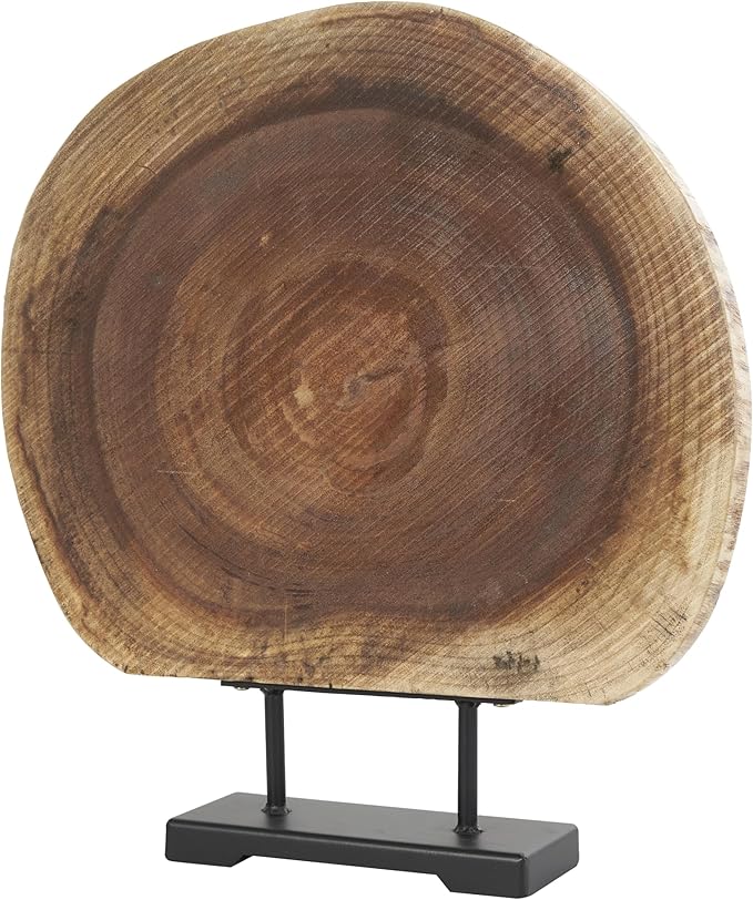 Deco 79 Wood Tree Handmade Decorative Sculpture Circular Slab Home Decor Statue with Black Metal Base, Accent Figurine 21" x 4" x 23", Brown